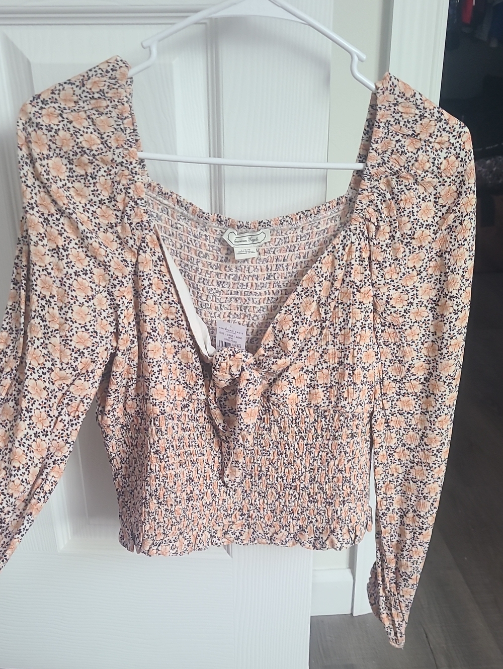 American Eagle Outfitters Peach Floral Smocked Tie-Front Long Sleeve Top